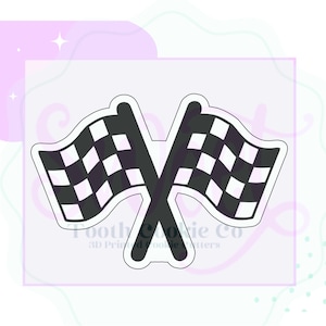 May include: Black and white checkered racing flags crossed over each other. The flags are in a simple, flat design.