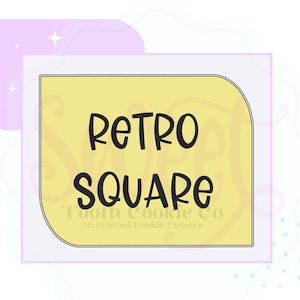 May include: A yellow square cookie cutter with rounded corners. The text "Retro Square" is printed in black on the cutter.