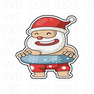 May include: A cartoon illustration of Santa Claus wearing a red hat and red and white swim trunks. He is holding a blue and white inflatable ring with snowflakes on it.