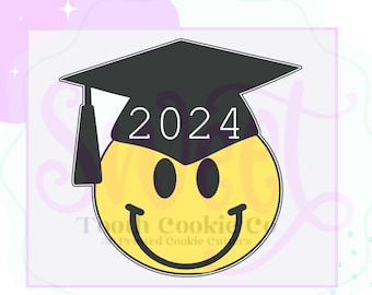 Smiley Face Graduation Cookie Cutter. Grad Cookie Cutter. Graduation Cap Cookie Cutter. 2025 Cookie Cutter. Grad 3D Printed Cookie Cutter.