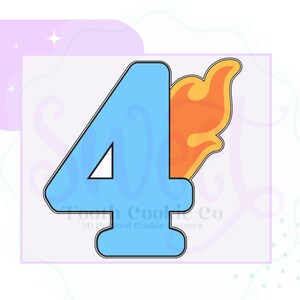 May include: Blue number four cookie cutter with a flame design. The cutter is made of metal and has a smooth finish.