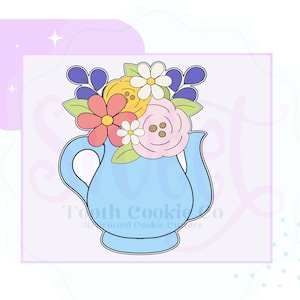 May include: A blue teapot cookie cutter with a bouquet of pink, yellow, and white flowers. The flowers have green leaves and stems. The cookie cutter is a 3D printed cookie cutter from Tooth Cookie Co.