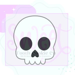 May include: A white outline of a cartoon skull with two large black eyes. The text "Tooth Cookie Co. 3D Printed Cookie Cutters" is below the skull.
