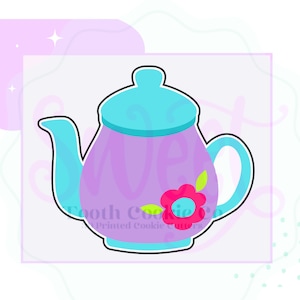 May include: A purple teapot cookie cutter with a blue lid and handle. The teapot has a pink flower with green leaves on the side.