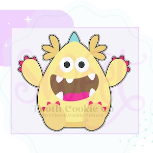 May include: A yellow monster cookie cutter with a big smile, two horns, and pink claws. The cookie cutter is 3D printed and designed for baking.