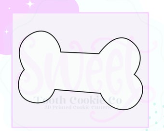 May include: A white outline of a dog bone cookie cutter. The cookie cutter is on a light purple background with white polka dots.