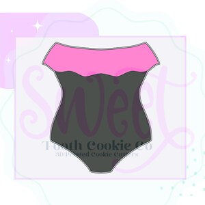 May include: A black and pink cookie cutter in the shape of a swimsuit. The cookie cutter is designed for use with fondant or cookie dough.