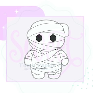 May include: A black and white line drawing of a mummy cookie cutter. The mummy has large black eyes and is wrapped in bandages. The cookie cutter is in the shape of a cartoon mummy.