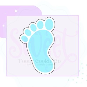 May include: A blue baby footprint cookie cutter. The cutter is outlined in black and has a light blue fill.