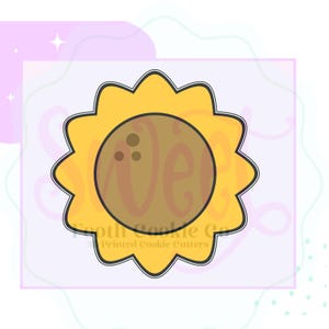 May include: A yellow sunflower cookie cutter with a brown coconut center. The cutter has a detailed design with a scalloped edge.