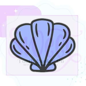 May include: A blue seashell cookie cutter with a black outline. The seashell has a detailed design with multiple ridges.