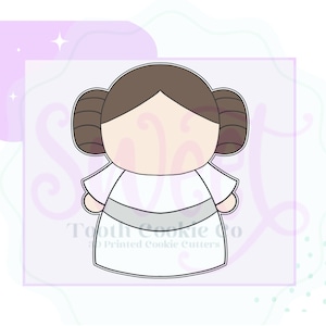 May include: A white cookie cutter in the shape of a cartoon princess with brown hair and a white dress. The cookie cutter is outlined in black.
