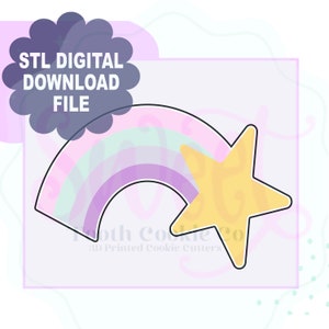 Puede incluir: Un archivo de descarga digital para un cortador de galletas impreso en 3D en forma de arcoíris con una estrella al final. El arcoíris está en tonos de rosa, morado y azul. La estrella es amarilla.