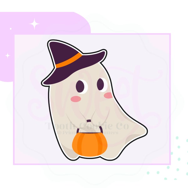 Ghost With Pumpkin Basket Cookie Cutter. Ghost with Witch Hat Cookie Cutter. Cute Ghost Cookie Cutter. Cute Halloween Ghost Cookie Cutter.