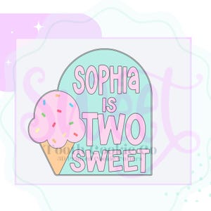 May include: A pink and white ice cream cone with sprinkles on top. The text "Sophia is Two Sweet" is written in pink on a light blue background.
