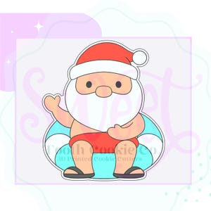 May include: A cartoon illustration of Santa Claus wearing a red hat and a white beard, sitting on a blue inflatable ring. He is wearing red swim trunks and sandals.
