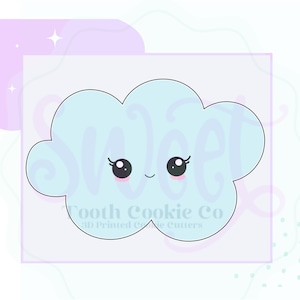 May include: A light blue cloud cookie cutter with a smiling face, eyelashes, and black eyes. The cutter is made by Tooth Cookie Co. and is 3D printed.