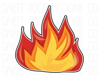 May include: A cartoon illustration of a fire with red and yellow flames. The fire is outlined in black.
