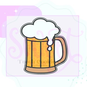 May include: A cartoon illustration of a beer mug with a white foamy head. The mug is brown with a yellow liquid inside and a white outline.