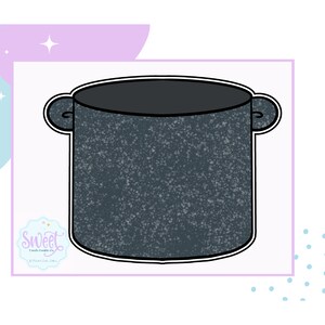 May include: A black and white cookie cutter in the shape of a pot with a speckled gray design.