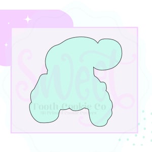 Puede incluir: Un cortador de galletas azul claro con forma de nube con el texto "Tooth Cookie Co. 3D Printed Cookie Cutters" en su interior.