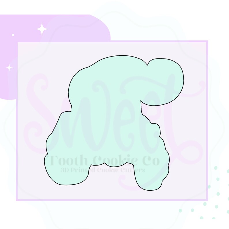 Puede incluir: Un cortador de galletas azul claro con forma de nube con el texto "Tooth Cookie Co. 3D Printed Cookie Cutters" en su interior.