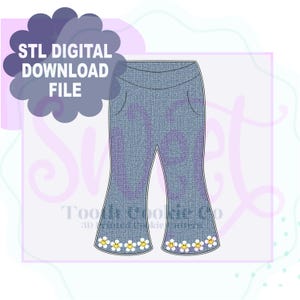 May include: A digital download file for a 3D printed STL model of a pair of blue denim bell bottom trousers with a row of yellow daisy flowers with smiley faces on each leg.