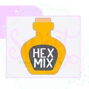 May include: A yellow potion bottle-shaped cookie cutter with a black label that reads "HEX MIX" in white block letters. The bottle has a light brown stopper. The background is white with pastel purple and green accents.