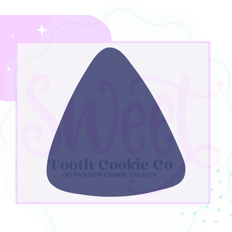 May include: A dark blue 3D printed cookie cutter shaped like a triangle with rounded edges. The cutter is for making cookies in the shape of a candy. The text "Tooth Cookie Co. 3D Printed Cookie Cutters" is printed on the cutter.