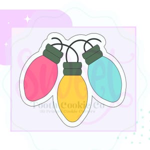 May include: Three Christmas lights in a string, pink, yellow, and blue, with a white outline.