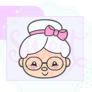 May include: A cartoon illustration of a grandmother with white hair, wearing glasses and a pink bow. The illustration is in a simple, cartoon style with black outlines.
