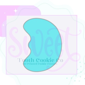 May include: A blue cookie cutter shaped like a jelly bean. The cutter is outlined in black and has a smooth, rounded shape. The text "Tooth Cookie Co. 3D Printed Cookie Cutters" is visible below the cutter.