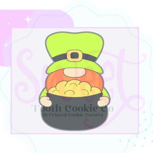 May include: A green leprechaun cookie cutter with a pot of gold. The leprechaun is wearing a green hat with a gold buckle. The pot of gold is filled with gold coins.