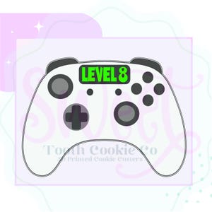 May include: A white video game controller design with black accents and the text "LEVEL 8" in green. The controller has a directional pad, buttons, and joysticks. The design is on a light purple background.