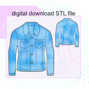 May include: A digital download STL file for a blue denim jacket with a tie-dye pattern. The jacket has a button-up front, long sleeves, and two pockets.