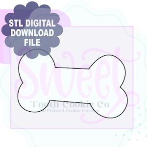 May include: A black outline of a dog bone shape on a white background. The text "STL DIGITAL DOWNLOAD FILE" is in a dark blue cloud-shaped graphic. The words "Sweet Tooth Cookie Co" are at the bottom.
