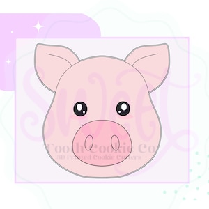 May include: A pink pig face cookie cutter with black outlines and large eyes. The cutter is designed for making cookies in the shape of a pig's face.