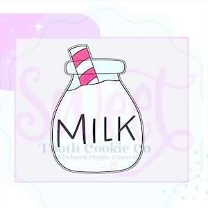 May include: A black and white line drawing of a milk bottle with a pink and white striped straw. The bottle has the word "MILK" written on it.