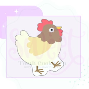 May include: A brown and white chicken cookie cutter with a red comb and yellow beak. The cutter is made of metal and has a 3D printed design.