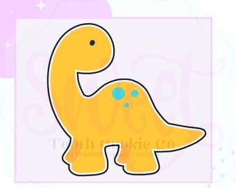 May include: A yellow dinosaur cookie cutter with a black outline and blue spots. The cookie cutter is in the shape of a standing dinosaur with a long neck and tail.