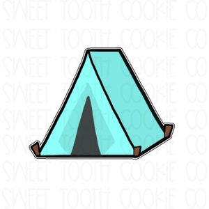 May include: A light blue tent with a black flap and brown stakes. The tent is a simple cartoon illustration.