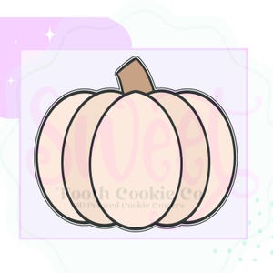 May include: A white pumpkin cookie cutter with a black outline. The pumpkin has a stem and is shaped like a traditional pumpkin.