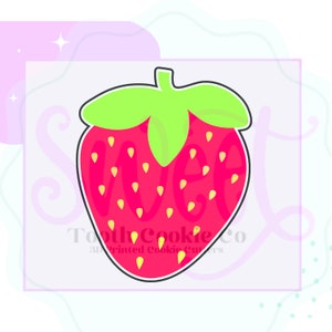 May include: A red strawberry cookie cutter with a green leaf and yellow seeds. The cookie cutter is outlined in black. The text "Tooth Cookie Co. 3D Printed Cookie Cutters" is at the bottom of the image.