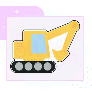 May include: A yellow toy excavator with a black outline and gray wheels. The excavator has a raised arm and a scoop.