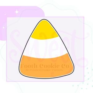 May include: A yellow, white, and orange candy corn cookie cutter. The cookie cutter is shaped like a traditional candy corn with a pointed top and a rounded bottom. The text "Tooth Cookie Co. 3D Printed Cookie Cutters" is printed on the cookie cutter.