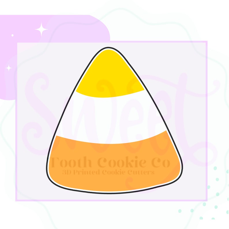 May include: A yellow, white, and orange candy corn cookie cutter. The cookie cutter is shaped like a traditional candy corn with a pointed top and a rounded bottom. The text "Tooth Cookie Co. 3D Printed Cookie Cutters" is printed on the cookie cutter.