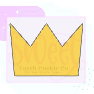 May include: A yellow crown cookie cutter with a black outline. The cutter is made by Tooth Cookie Co. and is 3D printed.