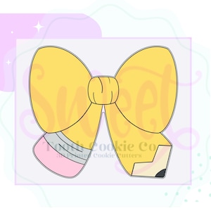 May include: A yellow pencil bow cookie cutter with a pink eraser and gray stripes. The cutter is shaped like a bow with a pencil eraser at the bottom.