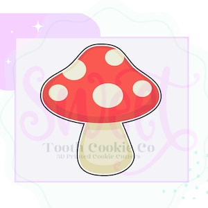 May include: A red and white mushroom cookie cutter with a rounded top and a short stem. The mushroom has white dots on the top.