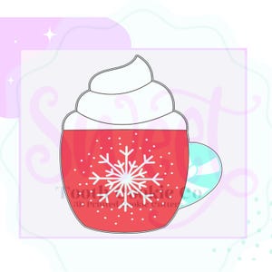 May include: Red and white cookie cutter in the shape of a mug with whipped cream on top and a snowflake design. The mug has a candy cane on the side.